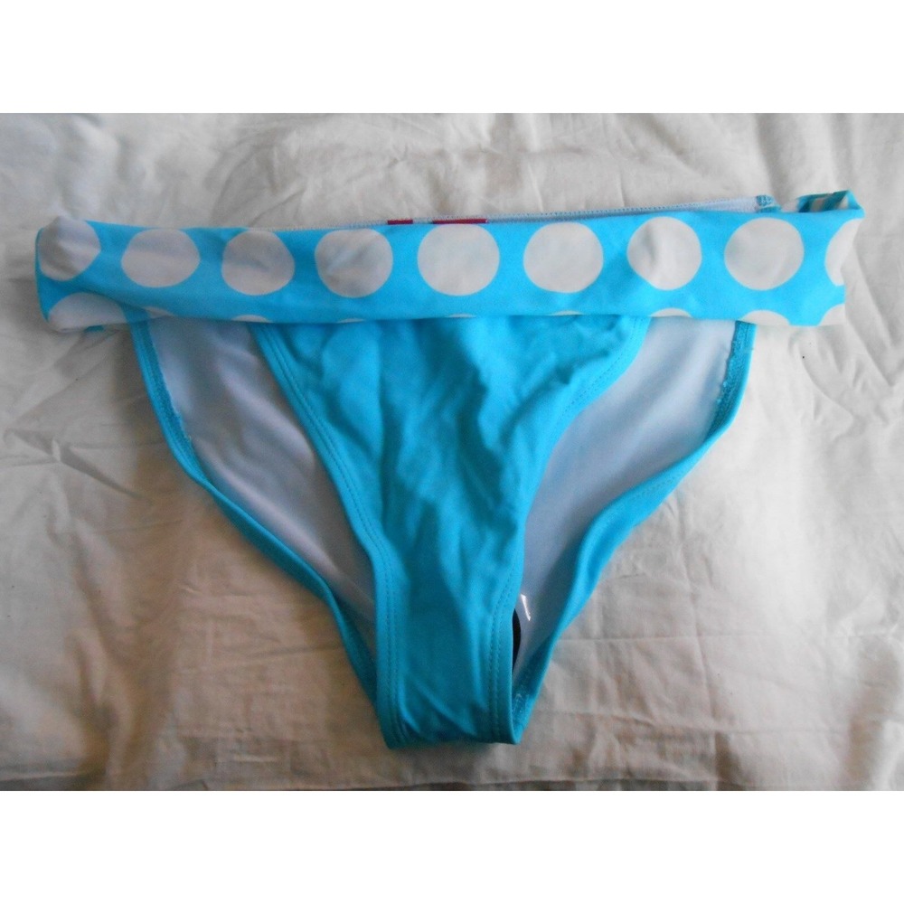 NEW Deb Turquoise Blue Polka dot White Large Rolled Waist Swim Bikini Bottoms!!‎